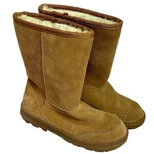 Bass Suede Shearling Lined Mid Calf Boots Brown Tan Lug Sole Size fall winter 6